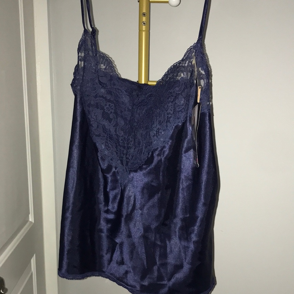 NWT Vanity Fair Navy Satin Lace Cami Top